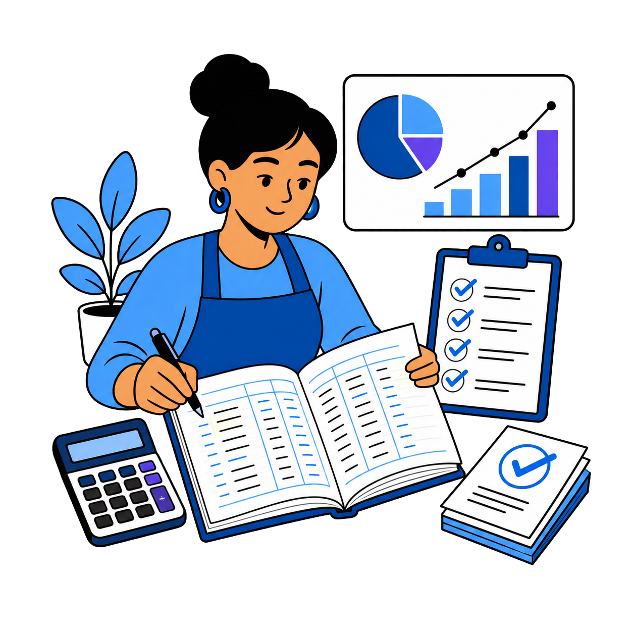 Small-business owner reviewing bookkeeping records and a checklist